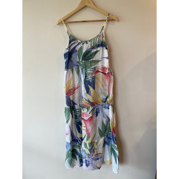 ELENA BALDI 100% Linen Tropical Print Strappy Tiered Maxi Dress M Made In Italy - Picture 1 of 7